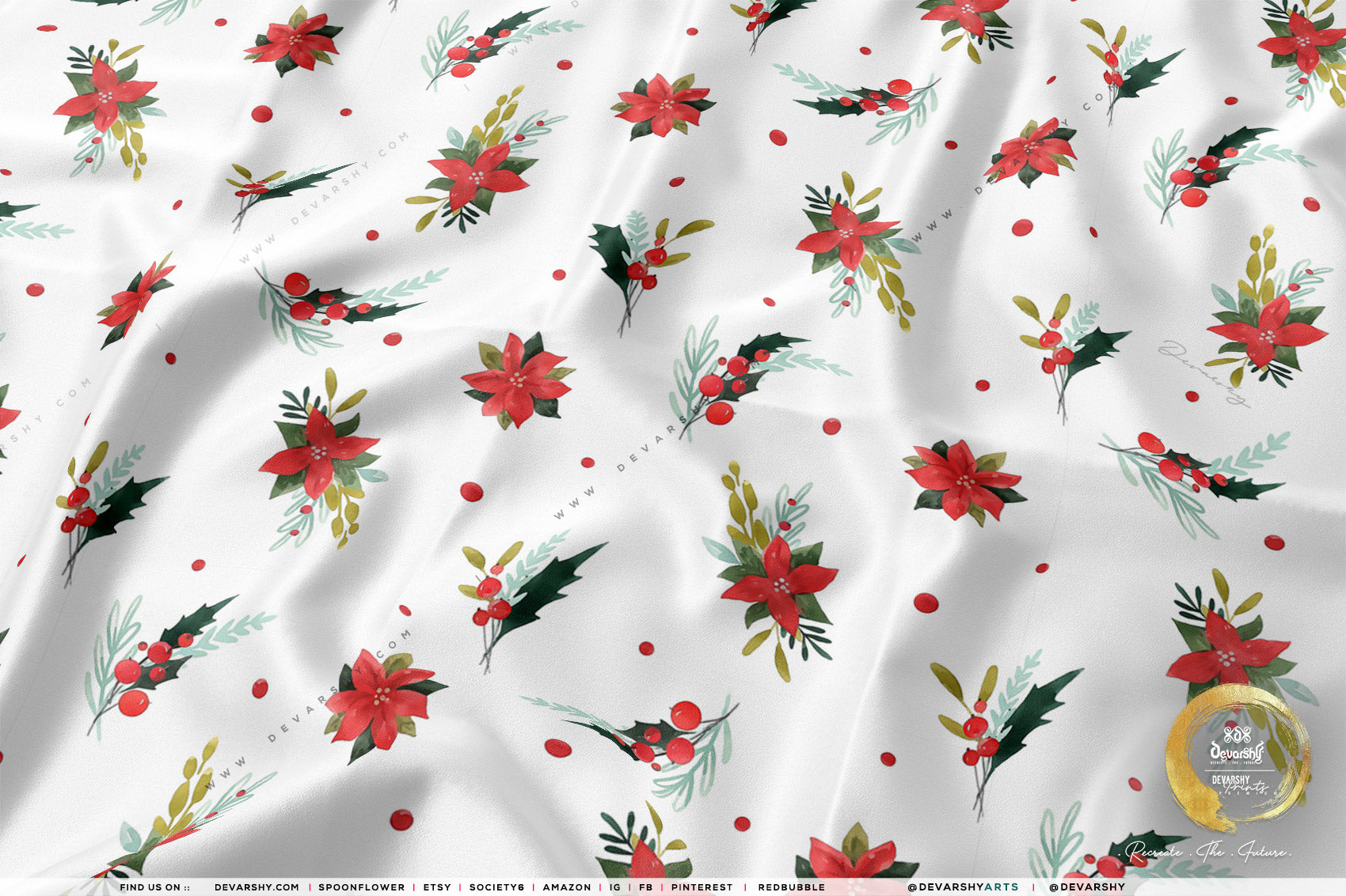 Red Poinsettia Apparel Fabric 3Meters+, 9 Designs | 8 Fabrics Option | Fabric By the Yard | 070