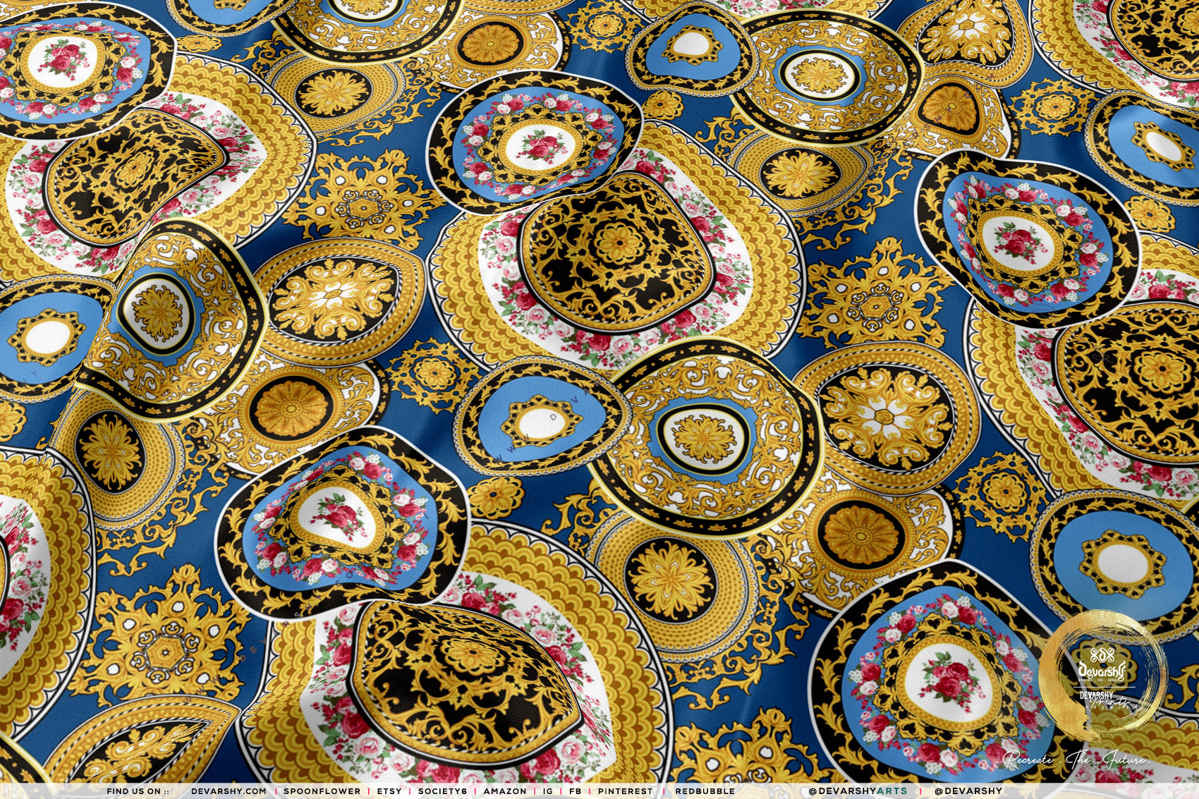 Gold Circles Apparel Fabric 3Meters+, 9 Designs | 8 Fabrics Option | Baroque Fabric By the Yard | 031