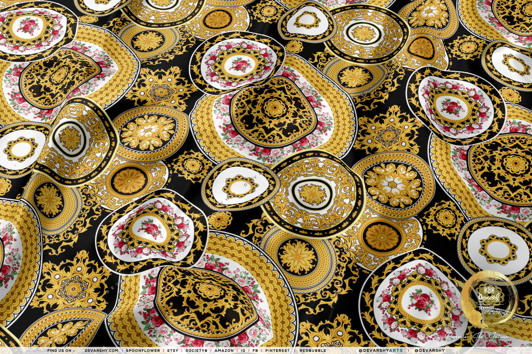 Gold Circles Apparel Fabric 3Meters+, 9 Designs | 8 Fabrics Option | Baroque Fabric By the Yard | 031