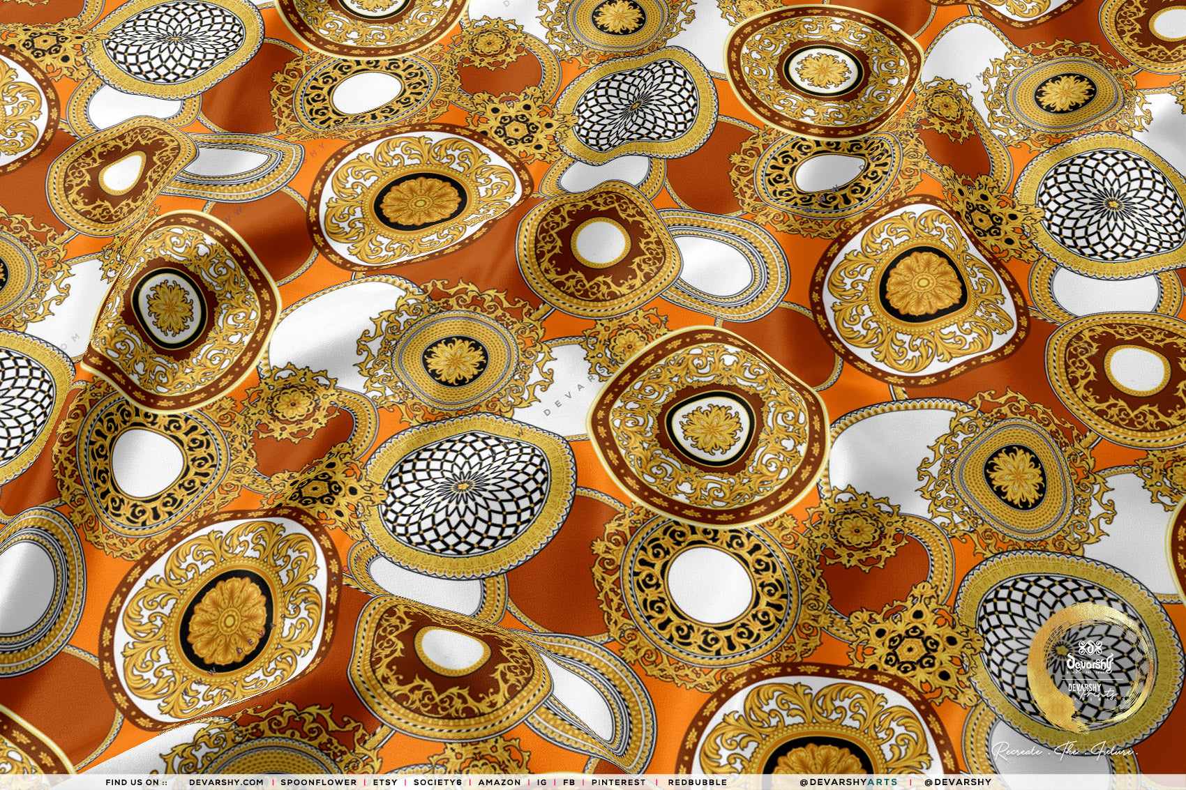 Gold Circles Apparel Fabric 3Meters+, 9 Designs | 8 Fabrics Option | Baroque Fabric By the Yard | 031