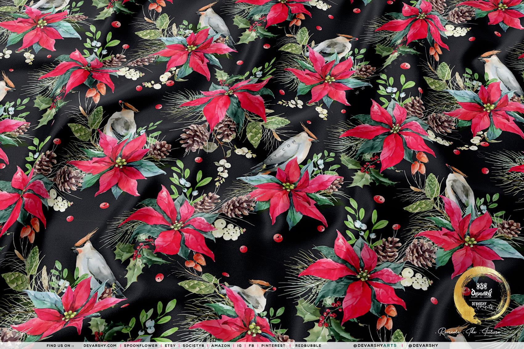 Red Poinsettia Apparel Fabric 3Meters+, 9 Designs | 8 Fabrics Option | Fabric By the Yard | 070