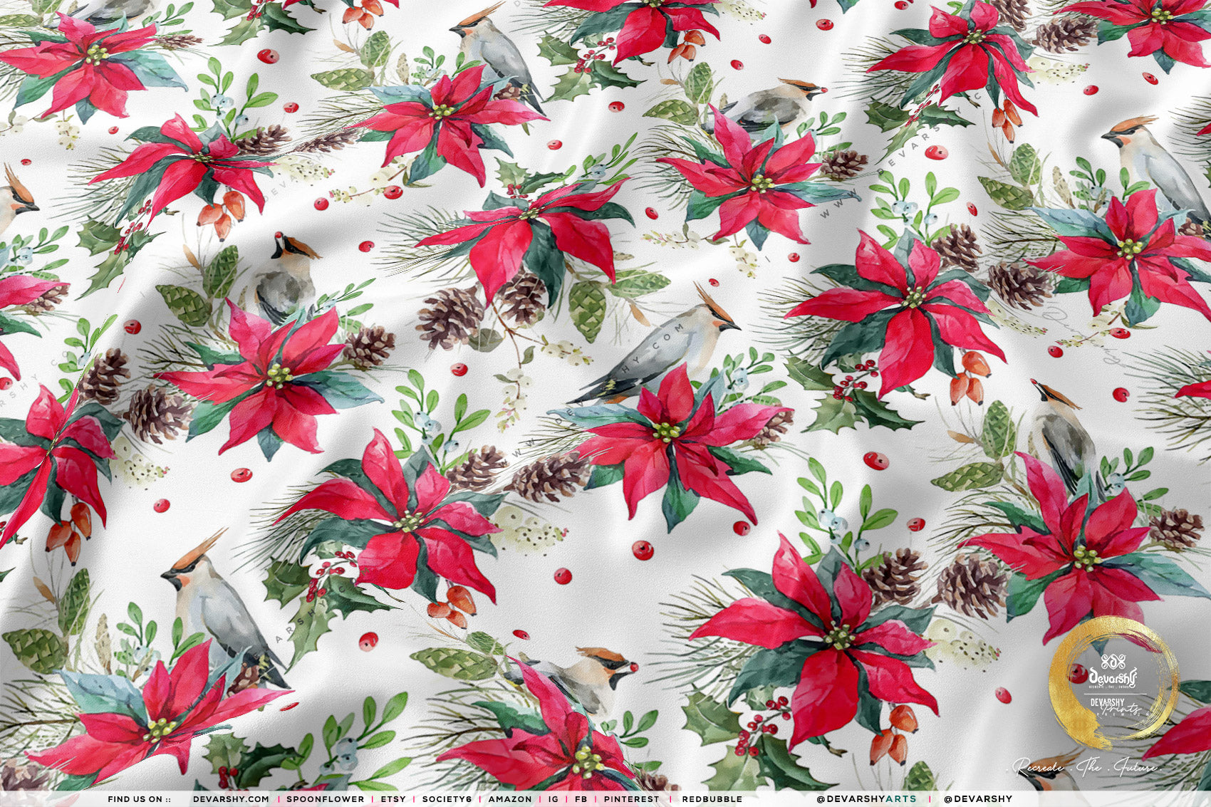 Red Poinsettia Apparel Fabric 3Meters+, 9 Designs | 8 Fabrics Option | Fabric By the Yard | 070