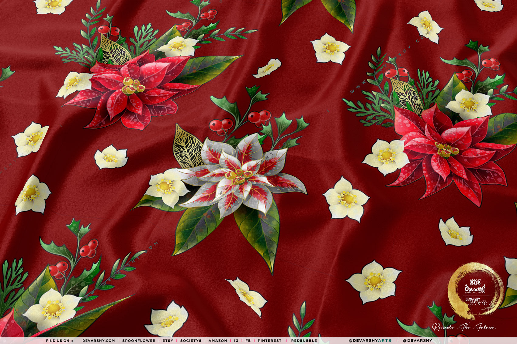 Poinsettia Floral Apparel Fabric 3Meters+, 9 Designs | 8 Fabrics Option | Fabric By the Yard | 070