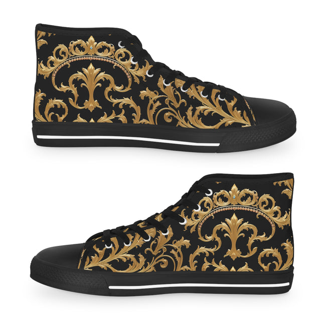 Black Gold Shoes, Unisex High Top Sneakers, Black & White Canvas Shoes, Ornate Baroque Shoes, Unisex Canvas Shoes | 00019