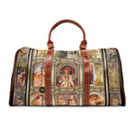 Art Nouveau Duffel Bag, Mucha Weekender Travel Bag, Classic Art Print Duffel Bag, Elegant Vintage Art Overnight Tote with Brown Leather Straps | 99005