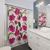 Fuchsia Florals Shower Curtain Floral Print Curtain White Bathroom Curtain | 10091B