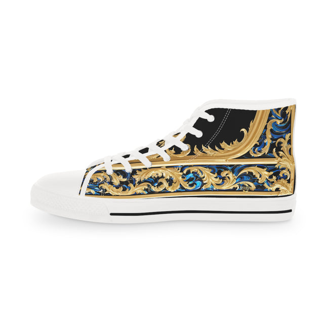 Decorative Canvas Shoes, Unisex High Top Sneakers, Black & White Canvas Shoes, Ornate Unisex Sneakers, Golden Baroque Shoes | X3370B