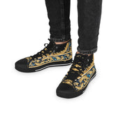 Decorative Canvas Shoes, Unisex High Top Sneakers, Black & White Canvas Shoes, Ornate Unisex Sneakers, Golden Baroque Shoes | X3370B