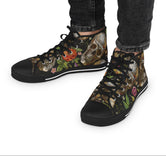 Embroidery Skulls Shoes, Unisex High Top Sneakers, Skulls and Floral Print Shoes, Unisex Canvas Shoes, Skulls Sneakers, Hi Tops Canvas Shoes | D20045