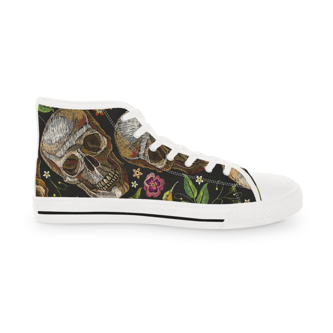 Embroidery Skulls Shoes, Unisex High Top Sneakers, Skulls and Floral Print Shoes, Unisex Canvas Shoes, Skulls Sneakers, Hi Tops Canvas Shoes | D20045