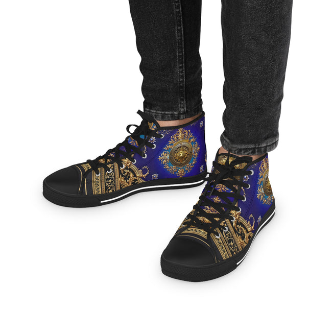 Regal Blue Canvas Shoes, Trendy High Top Sneakers, Unisex Canvas Shoes, Fashionable Sneakers, Baroque Canvas Shoes, Blue Sneakers | 104957