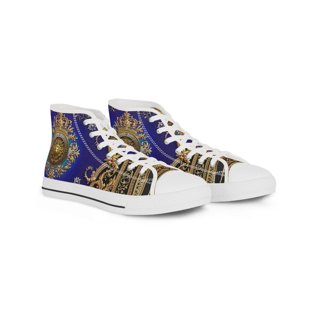 Regal Blue Canvas Shoes, Trendy High Top Sneakers, Unisex Canvas Shoes, Fashionable Sneakers, Baroque Canvas Shoes, Blue Sneakers | 104957