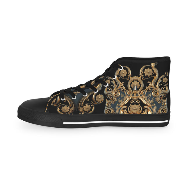 Trendy Hi Top Shoes, Unisex High Top Sneakers, Black Canvas Shoes, Golden Baroque Shoes, Unisex Hi Tops Shoes, Decorative Gold Sneakers