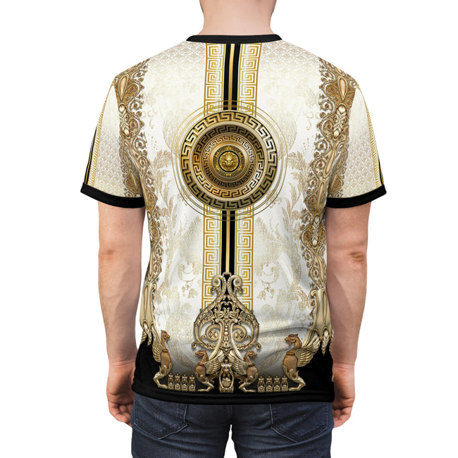 White Gold T-Shirt Baroque Unisex Tee Golden Medallion T-Shirt All Over Print Tee