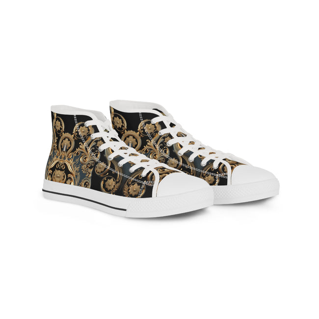 Trendy Hi Top Shoes, Unisex High Top Sneakers, Black Canvas Shoes, Golden Baroque Shoes, Unisex Hi Tops Shoes, Decorative Gold Sneakers