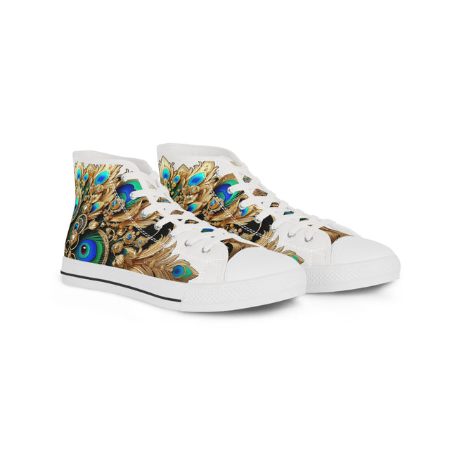 Peacock Print Shoes, High Top Sneakers, Unisex Canvas Shoes, Fashionable Sneakers, Trendy Canvas Shoes, Peacock Feathers Sneakers | X3456