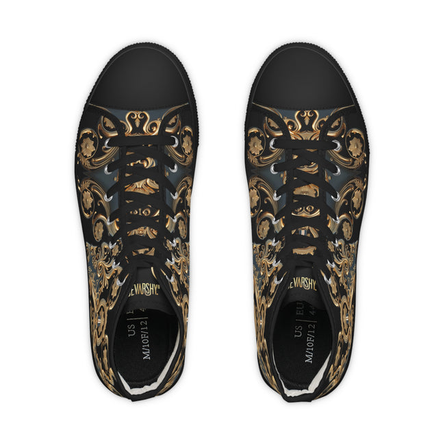 Trendy Hi Top Shoes, Unisex High Top Sneakers, Black Canvas Shoes, Golden Baroque Shoes, Unisex Hi Tops Shoes, Decorative Gold Sneakers