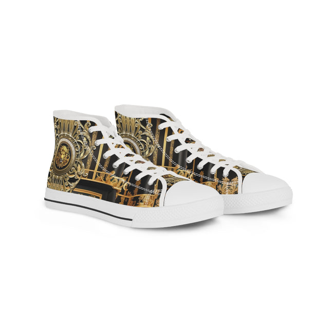 Ornate Golden Shoes, Trendy High Top Sneakers, Black & White Canvas Shoes, Unisex Fashionable Sneakers, Baroque Canvas Shoes | D20225