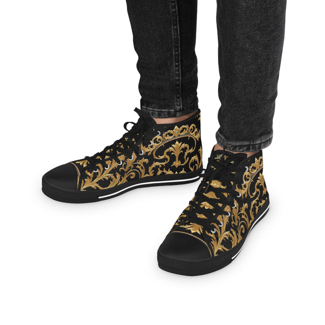 Black Gold Shoes, Unisex High Top Sneakers, Black & White Canvas Shoes, Ornate Baroque Shoes, Unisex Canvas Shoes | 00019