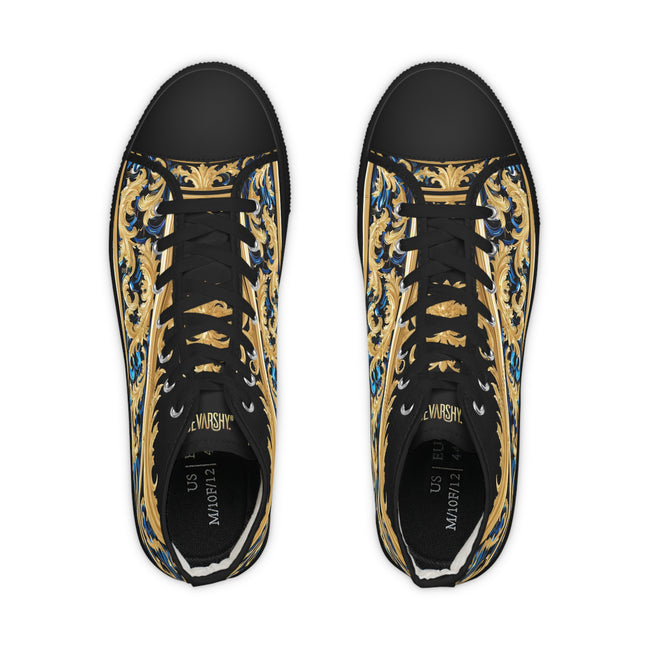 Decorative Canvas Shoes, Unisex High Top Sneakers, Black & White Canvas Shoes, Ornate Unisex Sneakers, Golden Baroque Shoes | X3370B