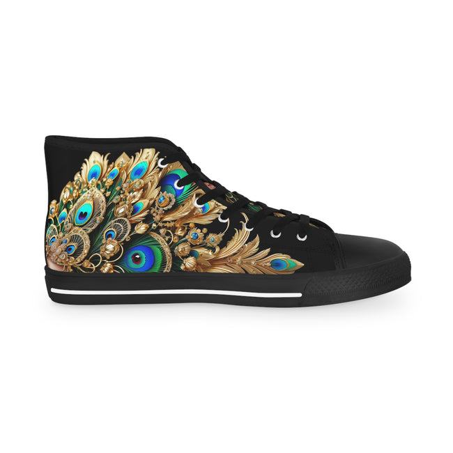 Peacock Print Shoes, High Top Sneakers, Unisex Canvas Shoes, Fashionable Sneakers, Trendy Canvas Shoes, Peacock Feathers Sneakers | X3456