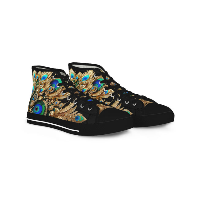 Peacock Print Shoes, High Top Sneakers, Unisex Canvas Shoes, Fashionable Sneakers, Trendy Canvas Shoes, Peacock Feathers Sneakers | X3456