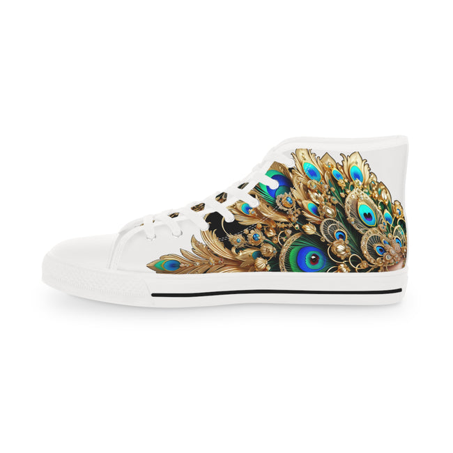 Peacock Print Shoes, High Top Sneakers, Unisex Canvas Shoes, Fashionable Sneakers, Trendy Canvas Shoes, Peacock Feathers Sneakers | X3456