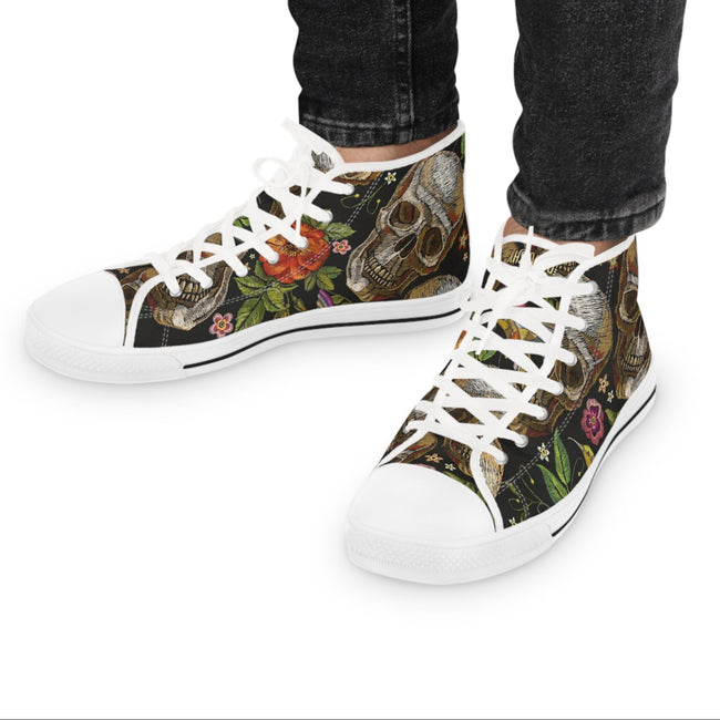 Embroidery Skulls Shoes, Unisex High Top Sneakers, Skulls and Floral Print Shoes, Unisex Canvas Shoes, Skulls Sneakers, Hi Tops Canvas Shoes | D20045