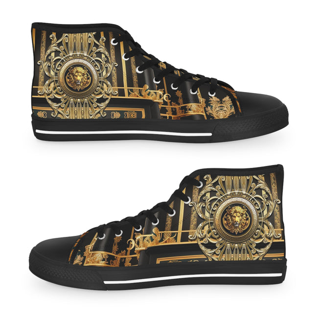 Ornate Golden Shoes, Trendy High Top Sneakers, Black & White Canvas Shoes, Unisex Fashionable Sneakers, Baroque Canvas Shoes | D20225