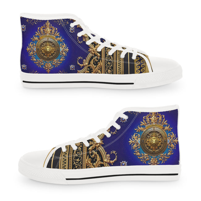 Regal Blue Canvas Shoes, Trendy High Top Sneakers, Unisex Canvas Shoes, Fashionable Sneakers, Baroque Canvas Shoes, Blue Sneakers | 104957