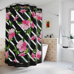 Hibiscus Floral Shower Curtain Black & White Stripes Curtain Floral Print Bathroom Curtain | 10089