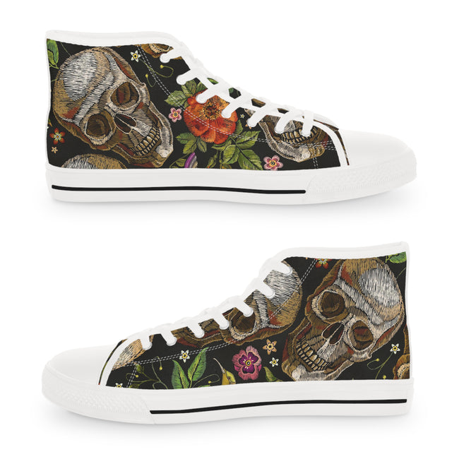 Embroidery Skulls Shoes, Unisex High Top Sneakers, Skulls and Floral Print Shoes, Unisex Canvas Shoes, Skulls Sneakers, Hi Tops Canvas Shoes | D20045