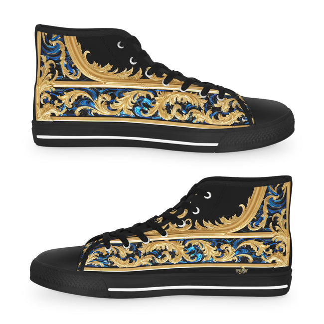 Decorative Canvas Shoes, Unisex High Top Sneakers, Black & White Canvas Shoes, Ornate Unisex Sneakers, Golden Baroque Shoes | X3370B