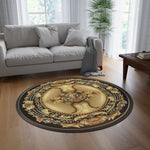 Decorative Floral Round Rug Chenille Carpet Best Selling Rug Golden Lion Area Rug Winter Sale Floral Carpet Trending Lion Rug Golden Flowers Rug