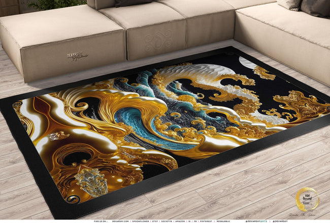 Golden Waves Area Rug Gold Paint Carpet Chenille Bedroom Rug in 3 Sizes | X3351