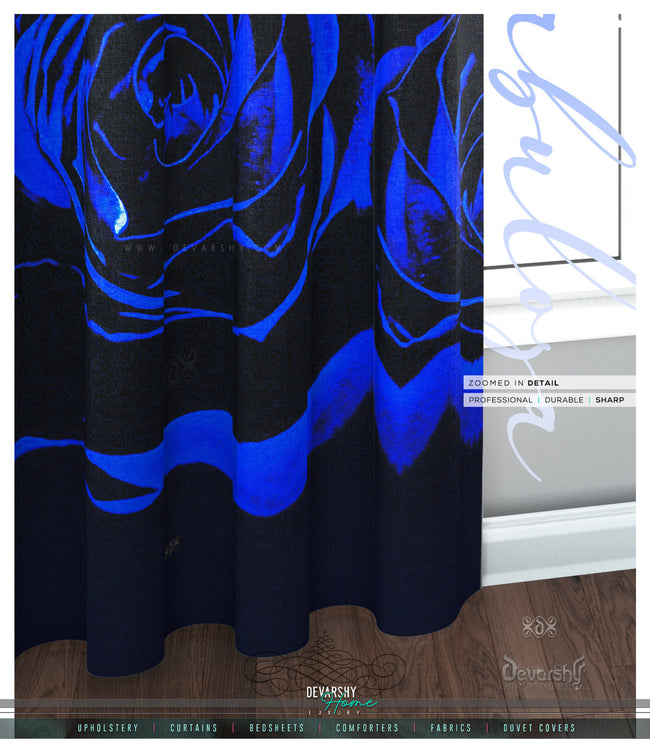 Deep Blue Floral Print PREMIUM Curtain Panel. Available on 12 Fabrics. Made to Order. 10003A