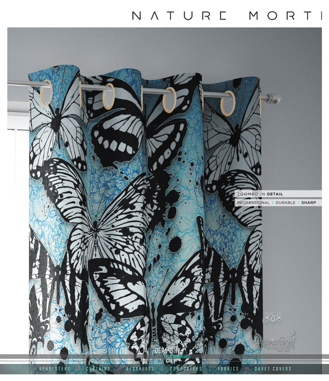 Painted Butterflies Blue PREMIUM Curtain. Available on 12 Fabrics. Made to Order. 10006E
