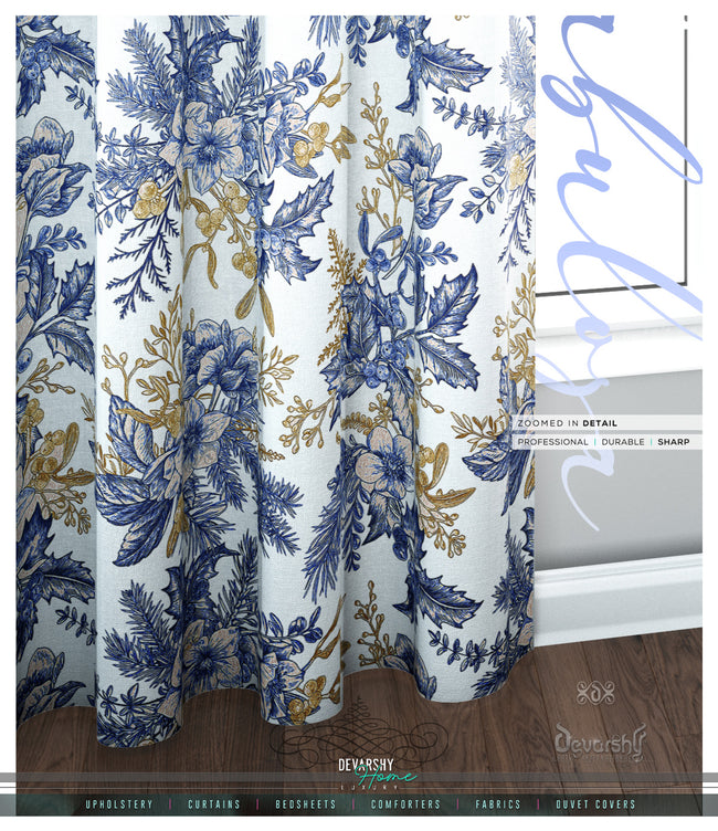 Mistletoes Blue Florals PREMIUM Curtain Panel. Available on 12 Fabrics. Made to Order. 10009A