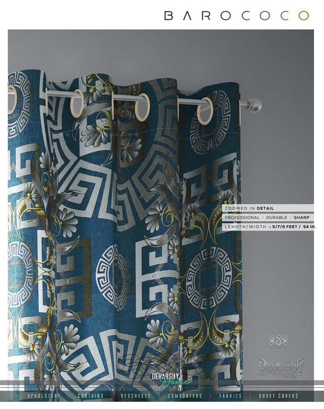 ROCOCO Turquoise PREMIUM Curtain Panel. Available on 12 Fabrics. Made To Order. 10013
