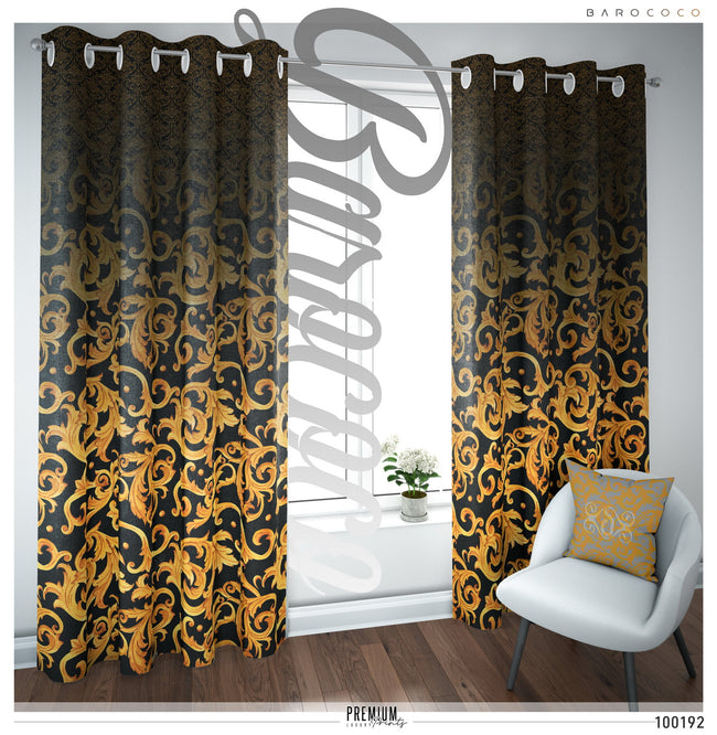 Black Baroque Golden Pattern Curtain Panel, 12 Fabric Options. Made to Order. Heavy And Sheer. 100192