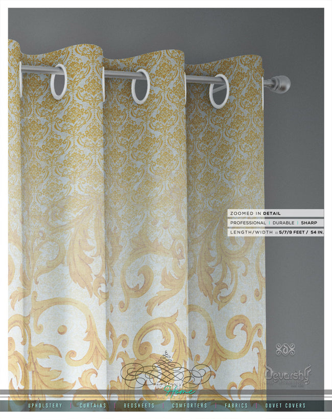 White Baroque Gold Pattern PREMIUM Curtain Panel, Available on 12 Fabrics, Heavy & Sheer. Made to Order. 100193