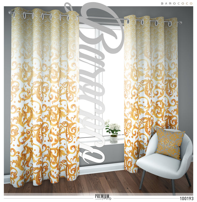 White Baroque Gold Pattern PREMIUM Curtain Panel, Available on 12 Fabrics, Heavy & Sheer. Made to Order. 100193