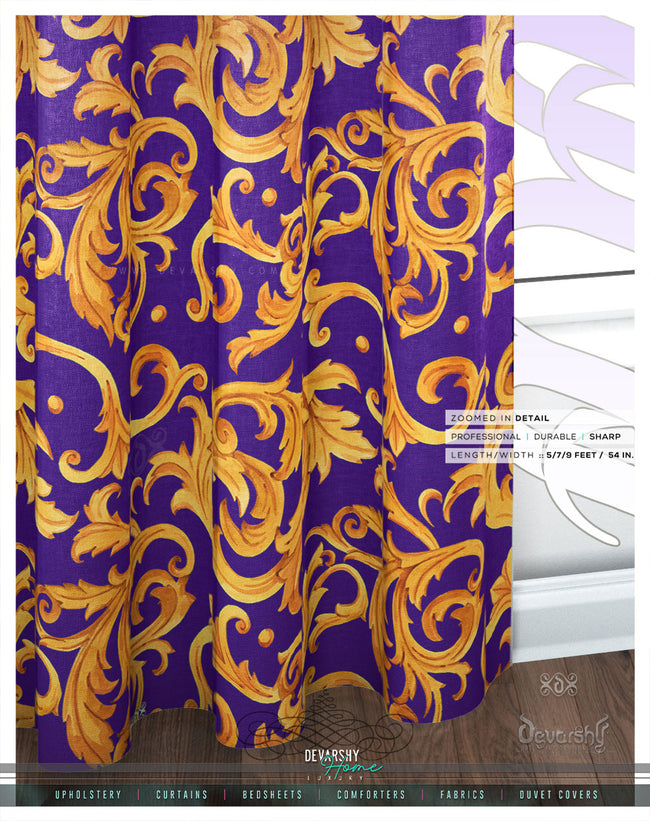 Violet Baroque Gold Pattern PREMIUM Curtain Panel, Available on 12 Fabrics, Heavy & Sheer. Made to Order. 100194