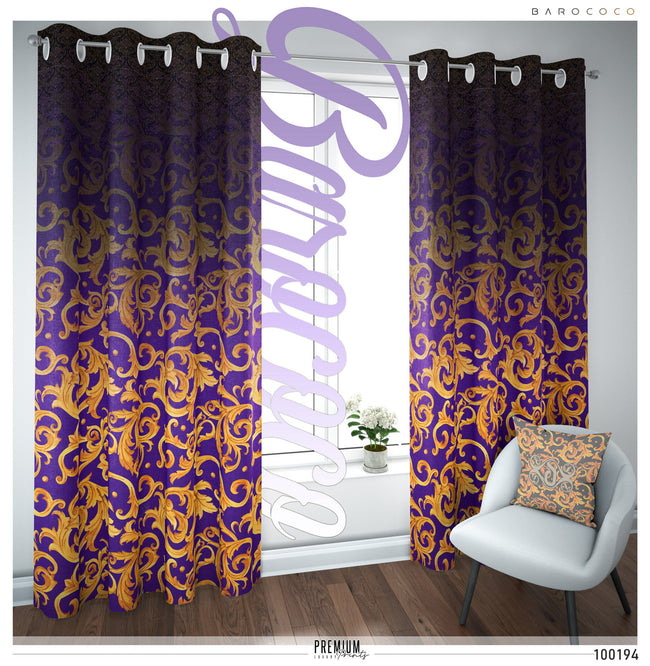 Violet Baroque Gold Pattern PREMIUM Curtain Panel, Available on 12 Fabrics, Heavy & Sheer. Made to Order. 100194