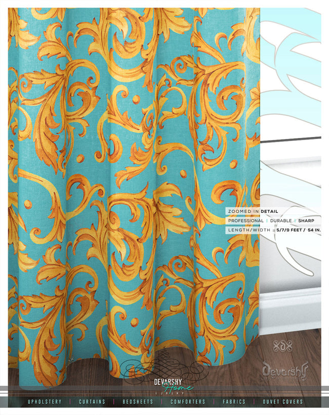 Aqua Gold Pattern PREMIUM Curtain Panel, 12 Fabric Options, Made to Order Curtains | 100195