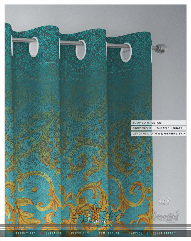 Aqua Gold Pattern PREMIUM Curtain Panel, 12 Fabric Options, Made to Order Curtains | 100195