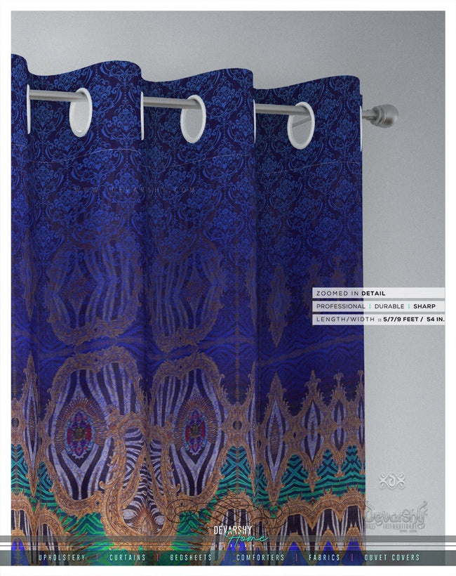 Vibrant Ornate Blue PREMIUM Curtain Panel. Available on 12 Fabrics. Heavy & Sheer. 100214