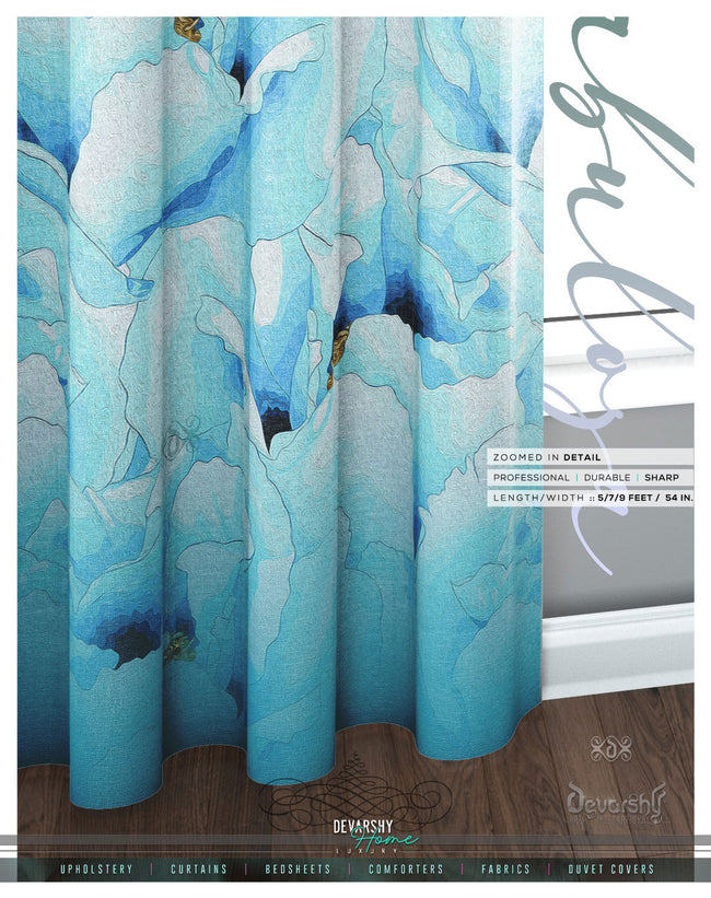 Painted Aqua Floral PREMIUM Curtain Panel. Available on 12 Fabrics. Made to Order. 10023