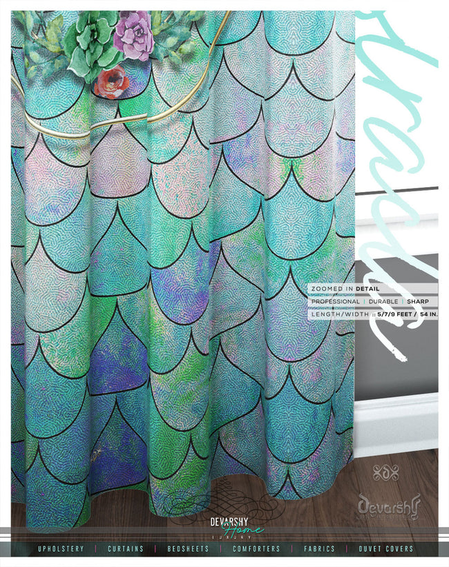 Aqua Scallops Pattern PREMIUM Curtain Panel. Available on 12 Fabrics. Made to Order. 100334