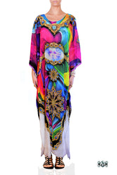 Colorful Art Long Kaftan, Crystals Embellished Caftan, Long Georgette Kaftan - 1100A